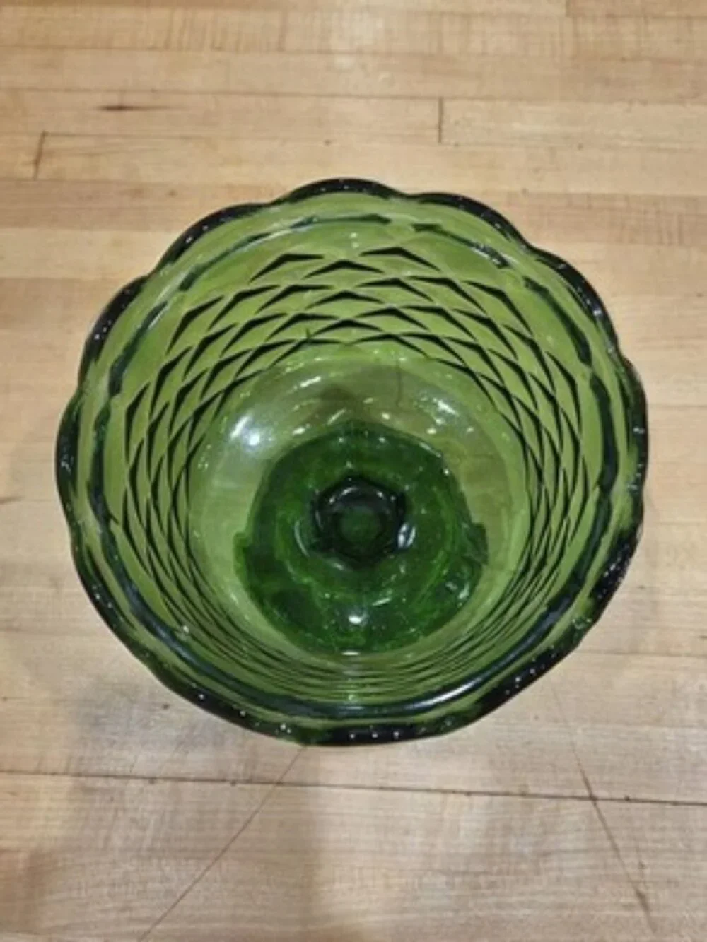 Vintage Indiana Glass Green Quilted Diamond Pedestal Candy Bowl Duette MCM